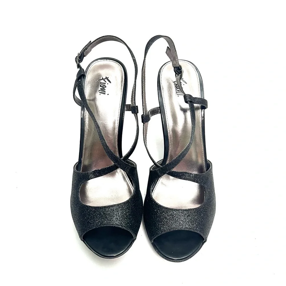 Vintage Y2K deadstock black glitter vegan leather strappy platform formal heels
